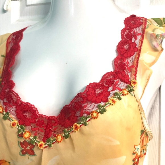 VTG 90s Orange/Red Floral Chiffon Lace Trimmed Culottes Pants/Top Lingerie Set~L - Picture 5 of 10